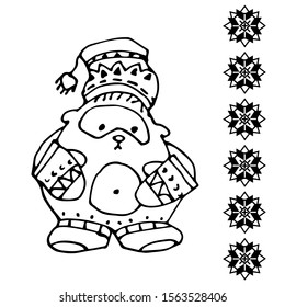 toy cute Teddy bear in national Scandinavian hat and mittens with traditional snowflake pattern, vector illustration with black contour lines isolated on white background in hand drawn style