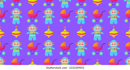 Toy cute whirligig, carriage and robot seamless pattern