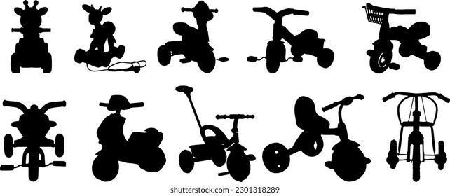 "Conjunto de siluetas de ciclo de juguete: Ilustraciones vectoriales completas"
"Silhouettes del ciclo del juguete: Representaciones vectoriales desde todos los ángulos"