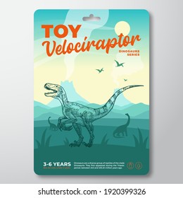 Spielzeug-Dinosaurier-Etikettenvorlage. Abstraktes Design für Vektorverpackungen. Moderne Typografie mit prähistorischer Vulkanlandschaft und handgezeichneter Velociraptor-Skizzenhintergrund. Einzeln.