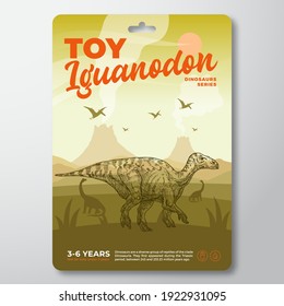 Toy Dinosaur Label Template. Abstract Vector Packaging Design Layout. Modern Typography with Prehistoric Volcano Landscape and Hand Drawn Iguanodon Sketch Background. Isolated.