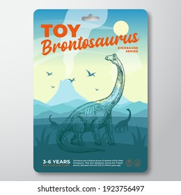 Toy Dinosaur Label Template. Abstract Vector Packaging Design Layout. Modern Typography with Prehistoric Volcano Landscape and Hand Drawn Brontosaurus Sketch Background. Isolated.