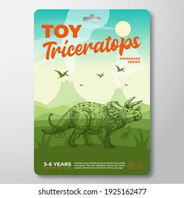 Toy Dinosaur Label Template. Abstract Vector Packaging Design Layout. Modern Typography with Prehistoric Volcano Landscape and Hand Drawn Triceratops Sketch Background. Isolated.