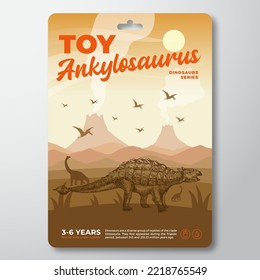 Toy Dinosaur Label Template. Abstract Vector Packaging Design Layout. Modern Typography With Prehistoric Volcano Landscape And Hand Drawn Ankylosaurus Background. Isolated