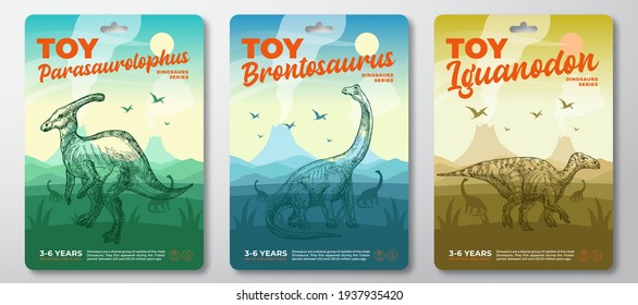 Toy Dinosaur Labels Template Set. Abstract Vector Packaging Design Layouts Collection. Modern Typography with Prehistoric Volcano Landscape and Hand Drawn Dinosaurus Sketch Background. Isolated.