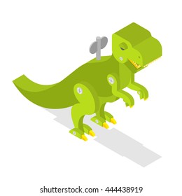 Toy dinosaur. Tyrannosaurus Rex isometrics. Prehistoric lizard. Cute retro Clockwork Robot  Dino. Ancient Jurassic beast. T-rex predator animal