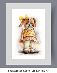 Toy dog made of plush material is dressed in woman dress on wall art. Watercolor artwork. Print with cute toy for little girls who love dog dolls, in frame with decor for poster.