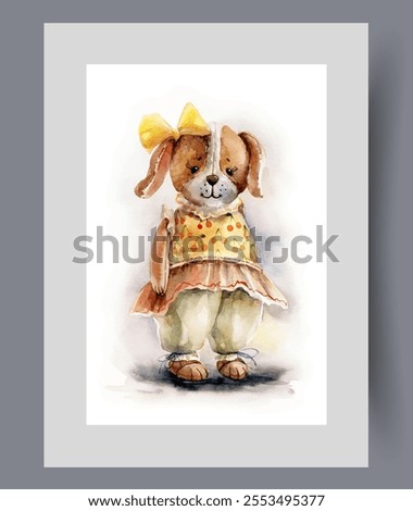 Toy dog made of plush material is dressed in woman dress on wall art. Watercolor artwork. Print with cute toy for little girls who love dog dolls, in frame with decor for poster.