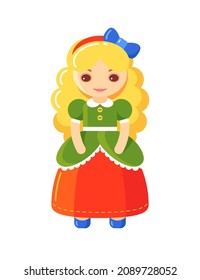 Toy doll in princess dress with blonde hair. Early education equipment. Vector colorful isolated illustration