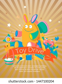 Toy Drive Set For Babies Poster, Card Vector Illustration. Cute Objects For Small Children To Play With, Wooden And Plastic Toys, Animals Such As Duck, Rabbit. Fun And Activity.