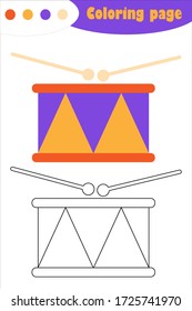 Toy drum in cartoon style, coloring page, education paper game for the development of children, kids preschool activity, printable worksheet, vector illustration