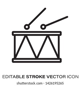 Toy drum and drumsticks line icon. Outline symbol of toys and musical instruments. Editable stroke flat vector illustration.