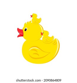 Toy duck with ducklings, in a flat style. Isolated on white background vector illustration.