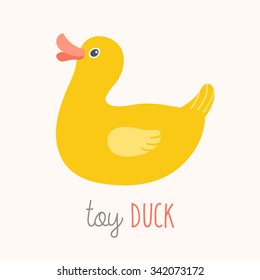 Toy Duck flash card. Kids Wall Art. First word flashcard. Nursery first words poster wall art. Playroom decor. Yellow rubber toy duck. Cartoon clipart eps 10 illustration isolated on white background.
