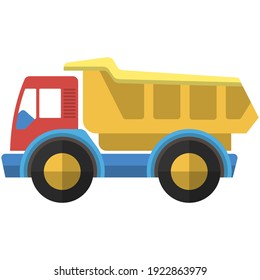 Toy dump truck flat vector icon. Small car lorry for kids fun isolated on white background. Baby van transport model for game illustration