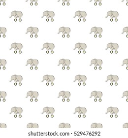Toy elephant on wheels pattern. Cartoon illustration of toy elephant on wheels vector pattern for web
