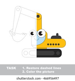 Toy excavator in vector to be traced. Restore dashed line and color the picture. Easy educational kid gaming with simple level of difficulty.