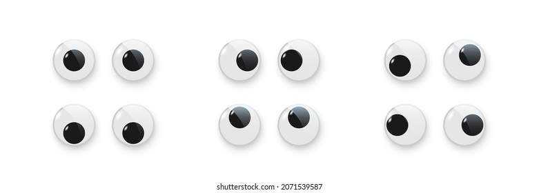Toy eyes set vector illustration. Wobbly plastic open eyeballs of dolls looking up, down, left, right, crazy round parts with black pupil collection isolated on white background.