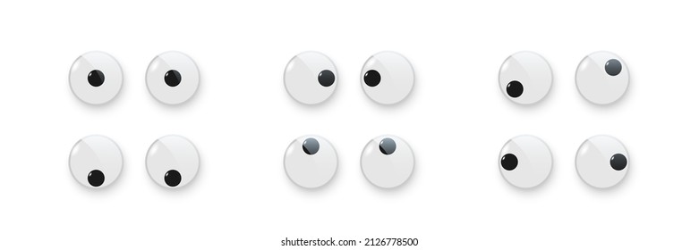 Toy eyes set vector illustration. Wobbly plastic open eyeballs of dolls looking up, down, left, right, crazy round parts with black pupil collection isolated on white background.