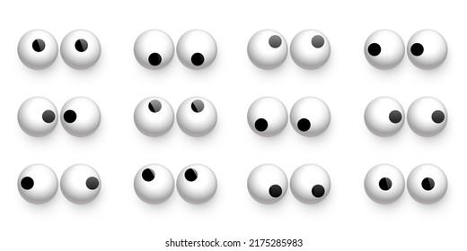 Toy eyes set vector illustration. Wobbly plastic open eyeballs of dolls looking up, down, left, right, crazy round parts with black pupil collection isolated on white background.