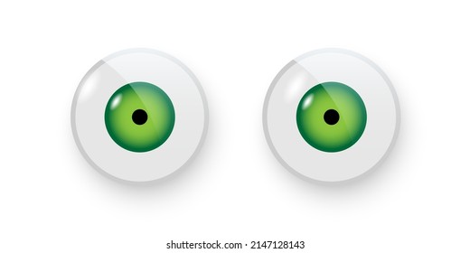 Toy eyes vector illustration. Wobbly plastic open green eyeballs of dolls looking forward round parts with black pupil isolated on white background.