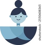 Toy face of female with abstract circular shapes. Blue colour palette. Fashion print - folk doll nesting doll