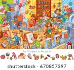 Toy factory. Find 15 objects in the picture. Funny cartoon character. Vector illustration