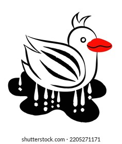 Toy fairy duckling in a puddle, minimalist funny drawing