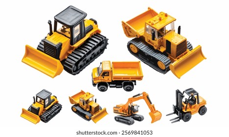 a toy forklift machine,excavator machine,bulldozer machine,truck isolated for kid