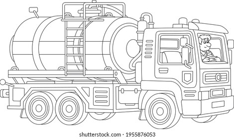Toy gasoline auto tanker with a funny driver in service uniform, black and white outline vector cartoon illustration for a coloring book page svg