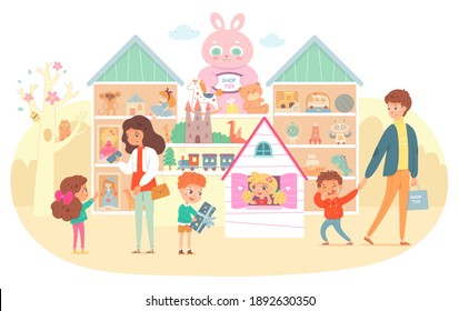 Juguete y tienda de regalos para los niños. Padres con niños comprando juguetes ilustrativos vectoriales. Estanterías con muñecas, bolas, oso, autos, robots, tren, castillo. Chica en la casa, niño con regalo, niño llorando.