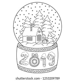 Toy glass snow globe with house. Lettering number 2019. Coloring book page for adults and children. Winter decorative pattern - snowflake, christmas trees, snowman, bow, ball.