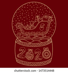Toy glass snow globe with Santa sleigh. Lettering number 2020. Coloring book page for adults and children. Winter decorative pattern - star, Santa, gift, snowflake, bow, ball, stocking.