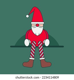 A toy gnome or elf of Santa Claus with long legs sits on a shelf. Bright New Year's character. Santa's helper doll. Christmas holiday decoration. Flat style. Vector illustration