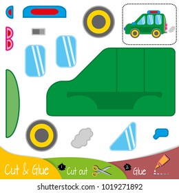 Toy green car with smoke from the exhaust pipe. Education paper game for preshool children. Vector illustration.