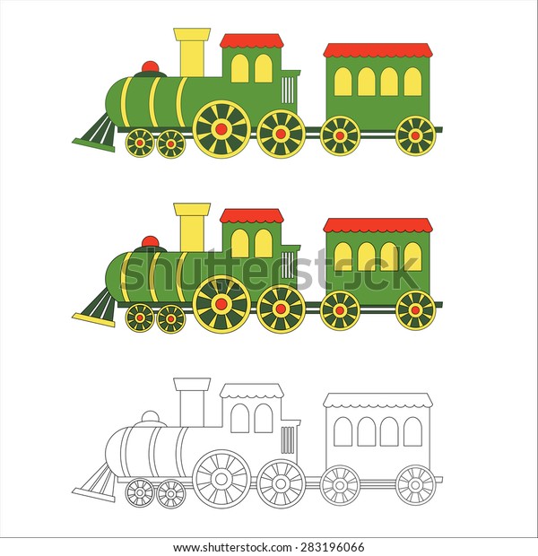 Toy green locomotive train engine car coloring\
book for kids to be\
colored.\
