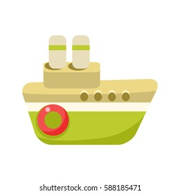 Toy Green Steamer Boat With Two Chimneys, Object From Baby Room, Happy Childhood Cute Illustration