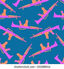Toy guns seamless pattern. Pink slots on blue background. Cheerful childrens ornament for fabrics.