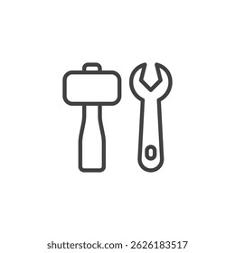 Toy hammer and wrench line icon. linear style sign for mobile concept and web design. Tool toys outline vector icon. Symbol, logo illustration. Vector graphics