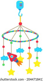 Juguete para colgar sobre una cuna. Carrusel con juguetes y música para el bebé que se queda dormido. Juguete de cuna con objetos espaciales, cohete, estrella, nube y luna. Objetos celestes, juguetes para niños en estilo espacial