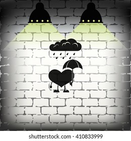 Toy heart walk in the rain. Flat icon.
