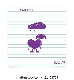 Toy heart walk in the rain. Flat icon.