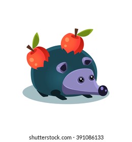 Toy Hedgehog With Apples Cartoon Style Simple Flat Vector Illustration On White Background