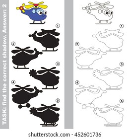 Toy helicopter with different shadows to find the correct one. Compare and connect object with it true shadow. Easy educational kid gaming. Simple level of difficulty. Visual game for children.