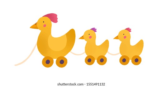 Toy hen and chicken babies vector illustration. Cute yellow animals on wheels connected with rope isolated on white background. Adorable farm bird with little chicks childish drawing.