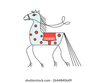 Toy horse, linear icon. Hand drawn, doodle. Concept of antique toy. Folklore, ethnic style. Isolated background.