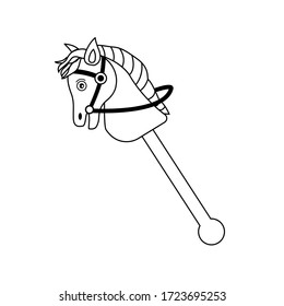 toy horse outline icon. hobby horse sport. horse made wooden of a straight stick with a small horse's head.  flat design cartoon concept. baby toy style. stroke, thin line. vector, illlustation