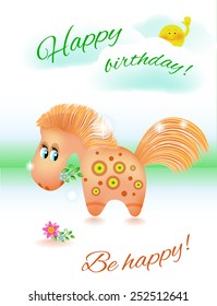 Toy horses. Image cute toy in delicate shades of green and light brown. The horse holds the flower.The background for greeting cards birthday.