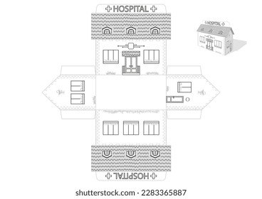 Toy hospital house print A4 die cut template. Simple style, fast and easy to fold. Vector illustration 