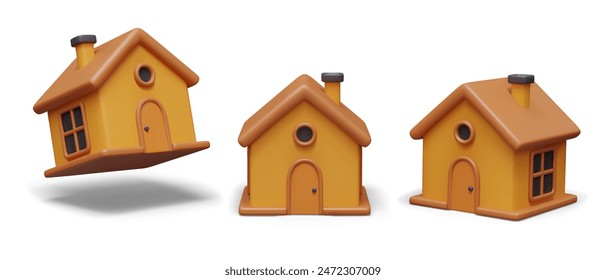 Toy house in 3D style. Detailed image of one story house with window, door, chimney